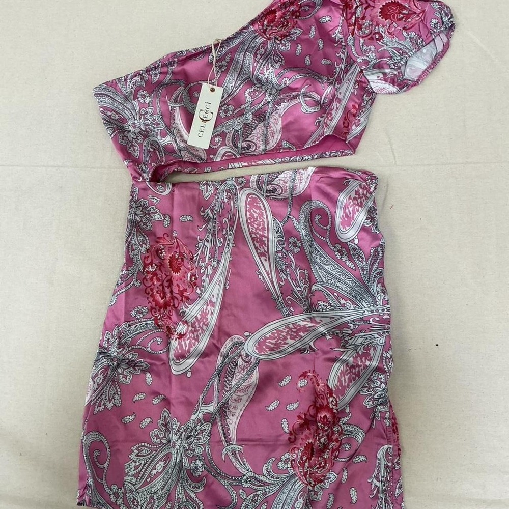 CELLECI pink paisley one-shoulder mini dress